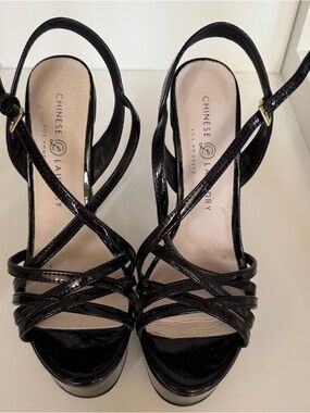 Chinese Laundry Black Patent Strappy Platform Heels